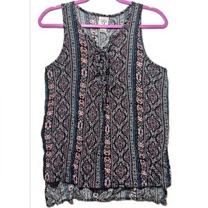 Self Esteem Bohemian Print Tank Top,‎ Lace-Up V-Neck, Sleeveless, Size Large